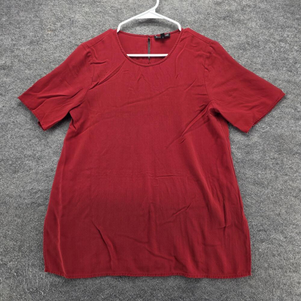 EILEEN FISHER Blouse Womens Small Red Silk Tunic Relaxed Round Neck Zip